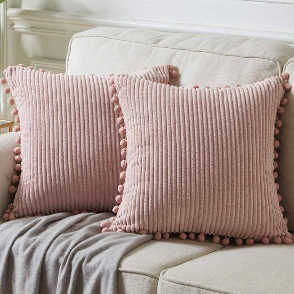 Blush Pink Corduroy Luxury Velvet Pompom Bed/Sofa Throw Pillow Cover/CaseSet